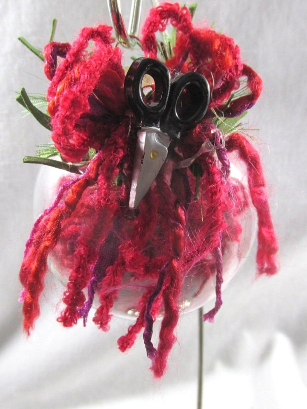 Sewing Christmas Ornament 3 inch Glass Ball Scissors Red Yarn Crafter Sewer